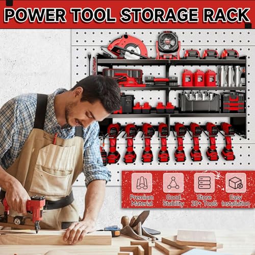 33" W Power Tool Organizer with Charging Station, 4 Layers Heavy Duty Metal Tool Storage Rack Wall Mount 8 Cordless Drill Holder with 4 Power Strip, Battery Organizer for Garage, Workbench,Tool Room - view 4