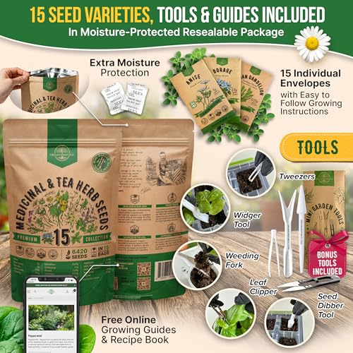 15 Medicinal & Tea Herb Seeds Variety Pack 6,420+ Non-GMO Heirloom Garden Seeds for Indoor & Outdoors, Including Anise, Borage, Cilantro, Chamomile, Dandelion, Rosemary Seeds - view 3