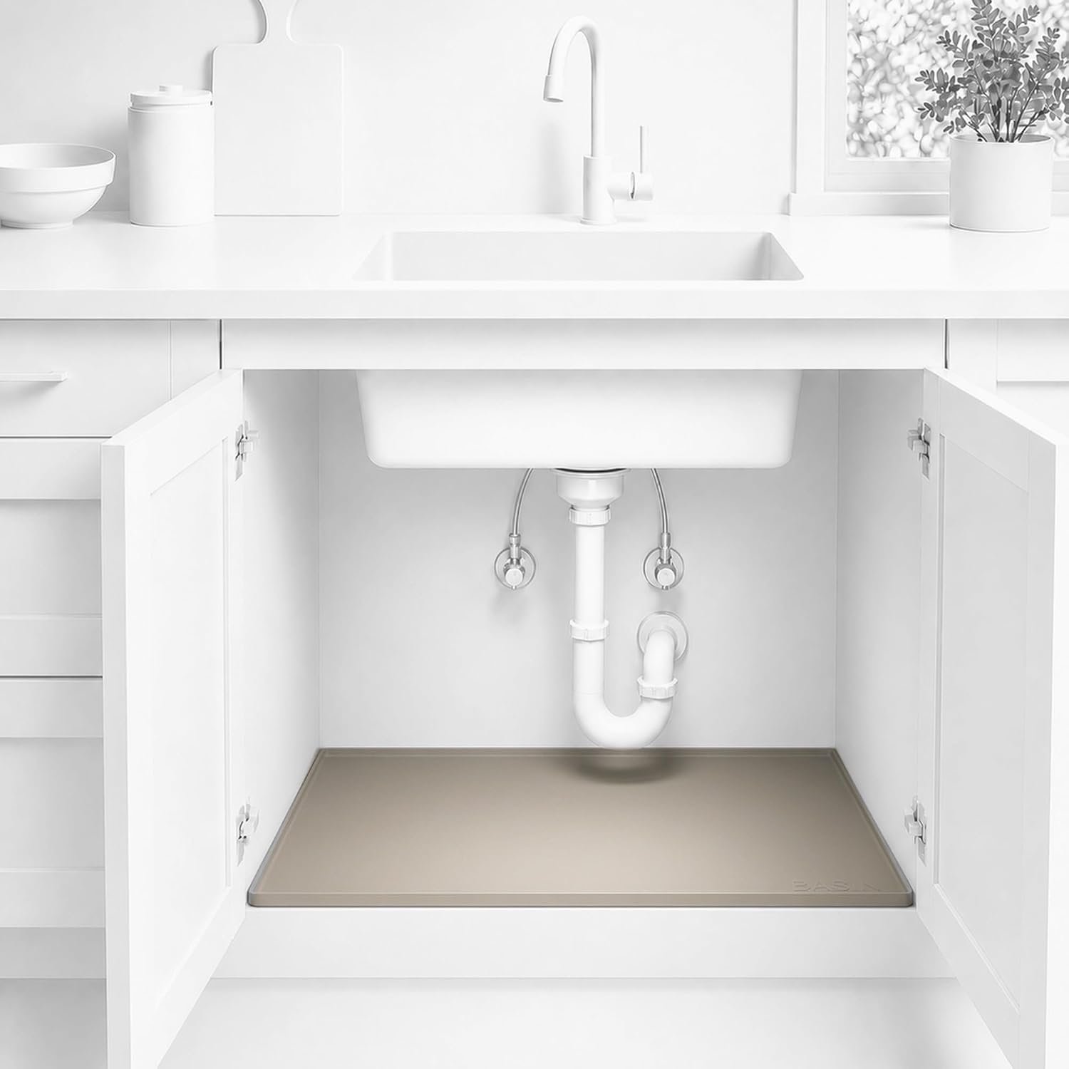 Heavy Duty Under Sink Mat - Original Silicone Under Sink Mats - Under Sink Tray - Cover Kitchen Cabinet Liner Taupe 34.25x22