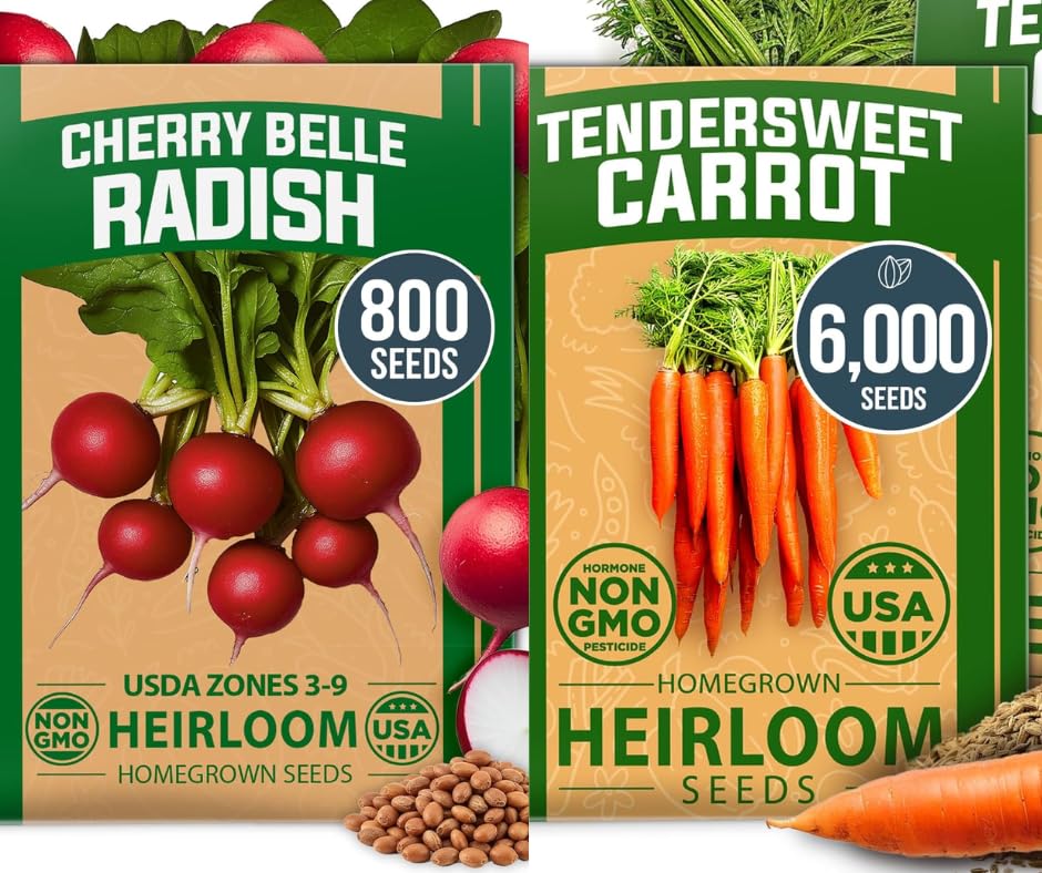 𝗨𝗦𝗔 𝗣𝗥𝗘𝗠𝗜𝗨𝗠 Cherry Belle Radish Seeds 800 & Tendersweet Carrots Seeds 2 Pack 6000