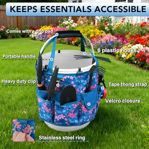 Bucket Organizer 5 Gallon 18-Pocket Tool Bucket Bag with 6 Hooks, Gardening Tool Holder Caddy for Gardeners, Outdoor Yard Work, Soil Plant Flower Gardening Accessories with Grip Pad, Blue - view 3
