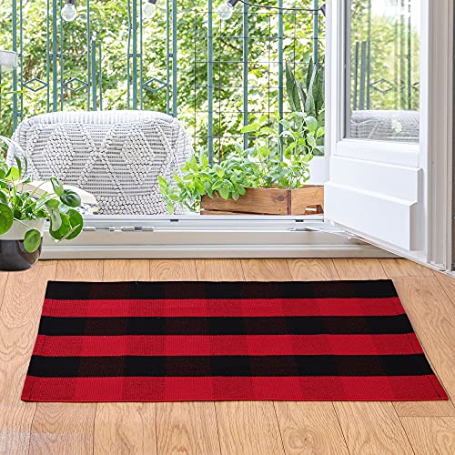 Buffalo Check Door Rug, Layered Cotton Plaid Mat, 35x24 Red & Black - view 2