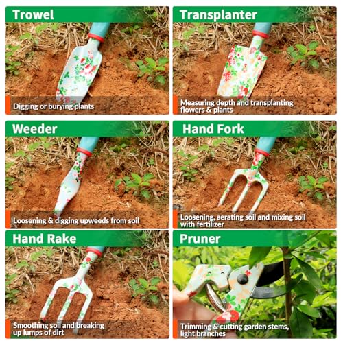 Garden Tools Set, 10 PCS Heavy Duty Gardening Tools Includes Hand Trowel Rake Weeder Pruner, Gardening Gifts for Women, Garden Kit with Tote Bag, Apron, Gloves, Kneeling Pad - view 2