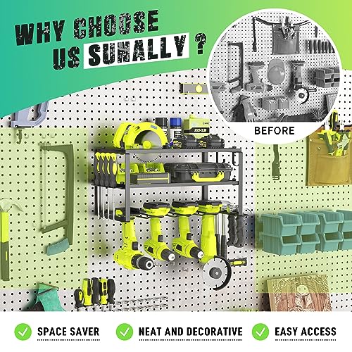 Power Tool Organizer, Heavy Duty Iron, 3 Layers Storage Rack with 4 Drill Holders, Floating Tool Shelf Wall Mounted, Matte Black, Work Shop, Garage, 150Lbs Load Capacity - view 3