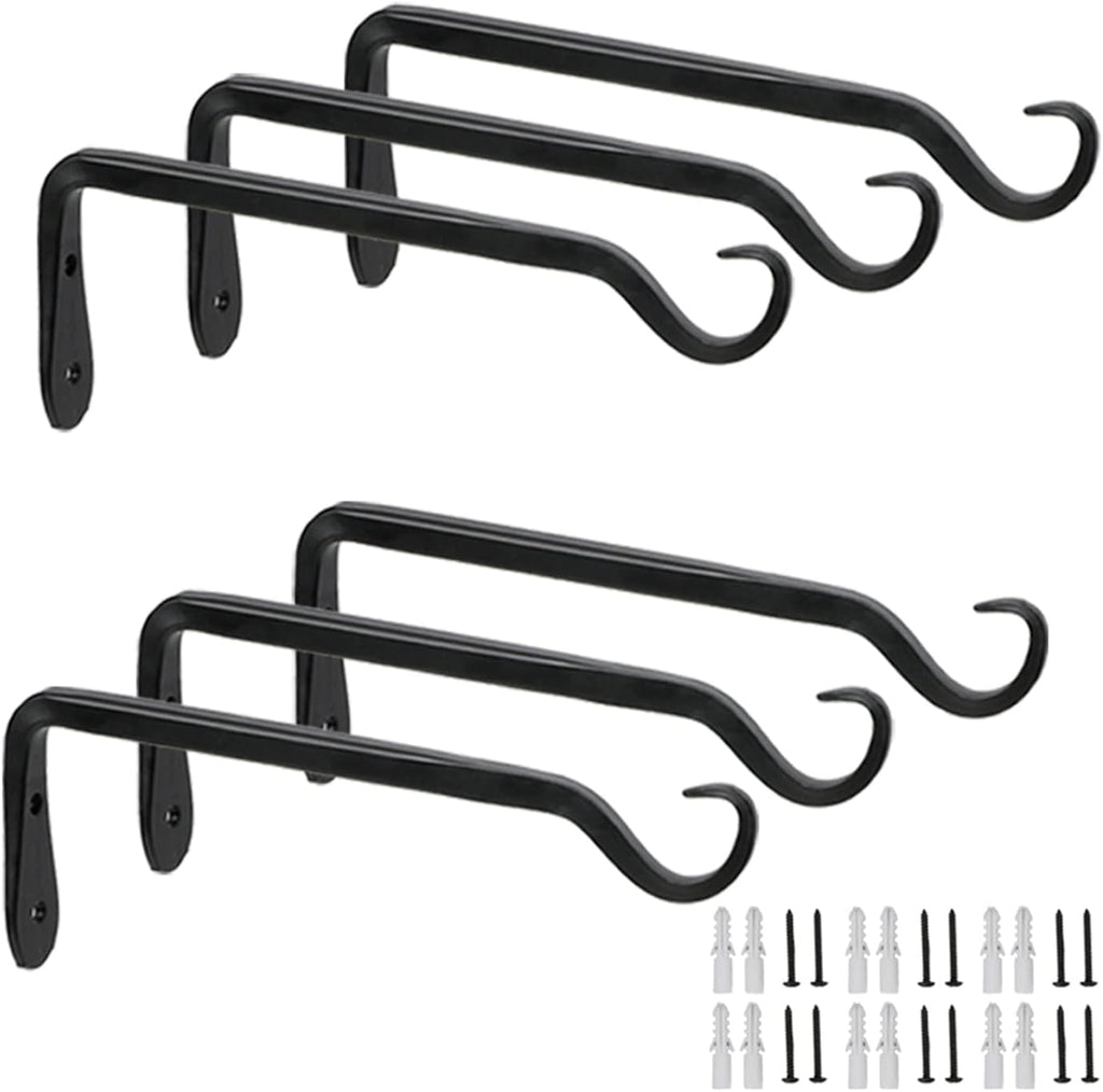 6-Pack 7" Plant Hanger Bracket, Forged Iron Black Hanging Hooks | Heavy Duty Wrought Hanging Plant Holder for Garden Fence, Wall Hooks for Bird Feeder, Indoor Outdoor Use