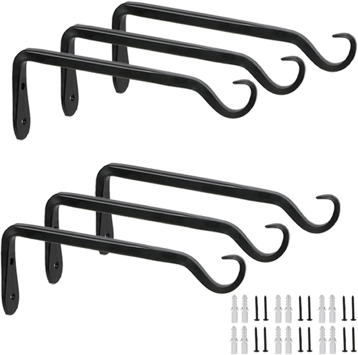6-Pack 7" Plant Hanger Bracket, Forged Iron Black Hanging Hooks | Heavy Duty Wrought Hanging Plant Holder for Garden Fence, Wall Hooks for Bird Feeder, Indoor Outdoor Use