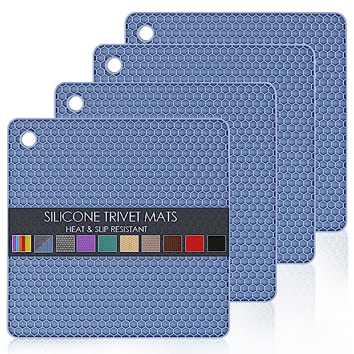 4 Pack Silicone Trivet Mat, Silicone Trivets for Hot Pots and Pans, Non-Slip & Heat Resistant Silicone Hot Pad for Kitchen Counter Mat Set, Soft Drying Mat, Jar Opener and Coasters, Square, Blue