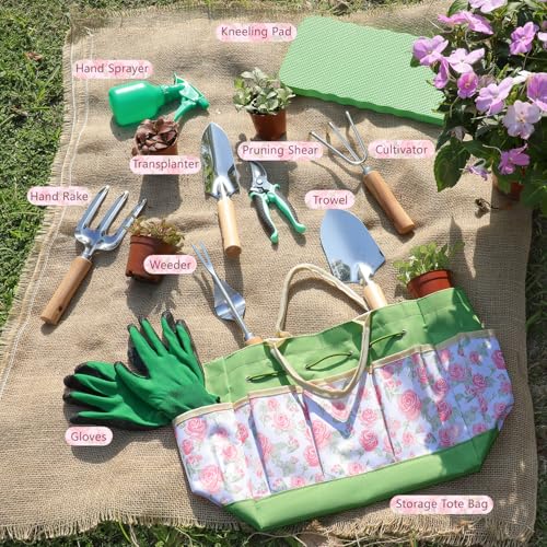 Garden Tools Set, 10-Piece Heavy Duty Garden Hand Tools Kit with Wooden Handle, Durable Organizer Bag for Garden Supplies, Gardening Gifts for Women Grandmother, Pink Floral Pattern - view 3