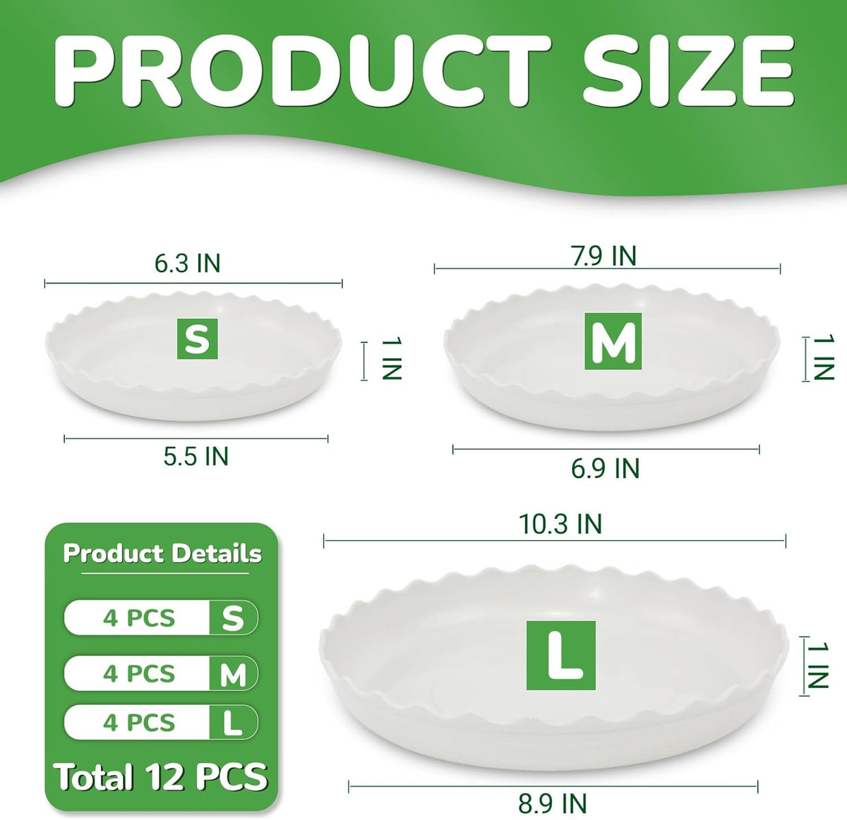 12 packs wave plant saucer - plastic flower pot drip trays/durable heavy duty white planter water tray for indoor and outdoor garden (6/8/10 inch) - view 2