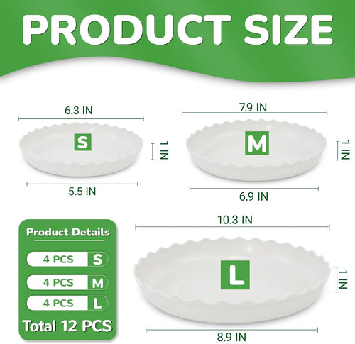 12 packs wave plant saucer - plastic flower pot drip trays/durable heavy duty white planter water tray for indoor and outdoor garden (6/8/10 inch) - view 2