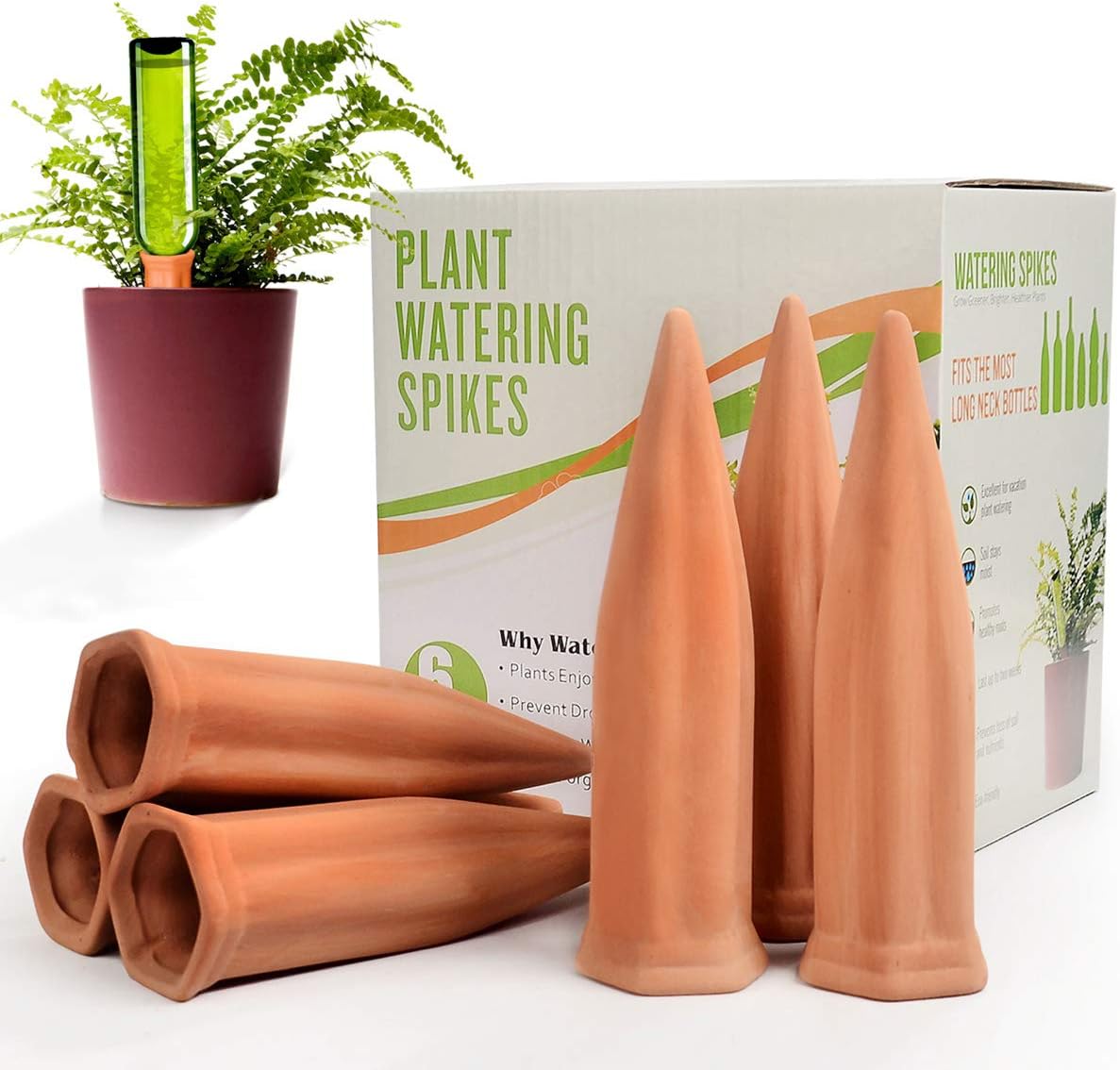 Ceramic Plant Waterer Set of 6 Pack Terracotta Self Watering Spikes,Wine Bottle Plant Watering Devices for Vacation (6Pack)