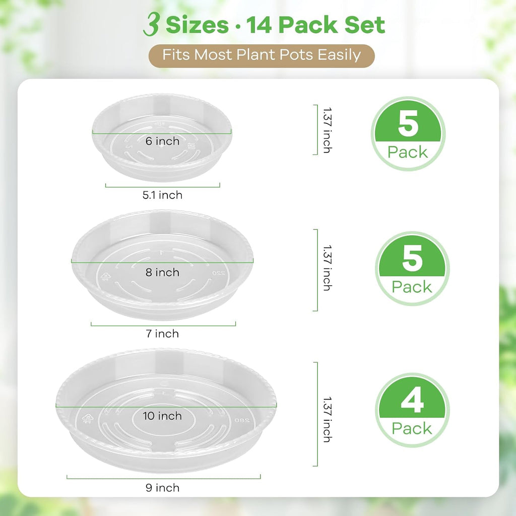 14 Pack Clear Plant Saucers for Indoors(6/8/10 Inch) – Extra Thick & Deep Plastic Plant Trays for Pots, Heavy Duty Indoor Outdoor Drip Trays, Stackable Water Catcher for Houseplants, Garden & Balcony - view 3