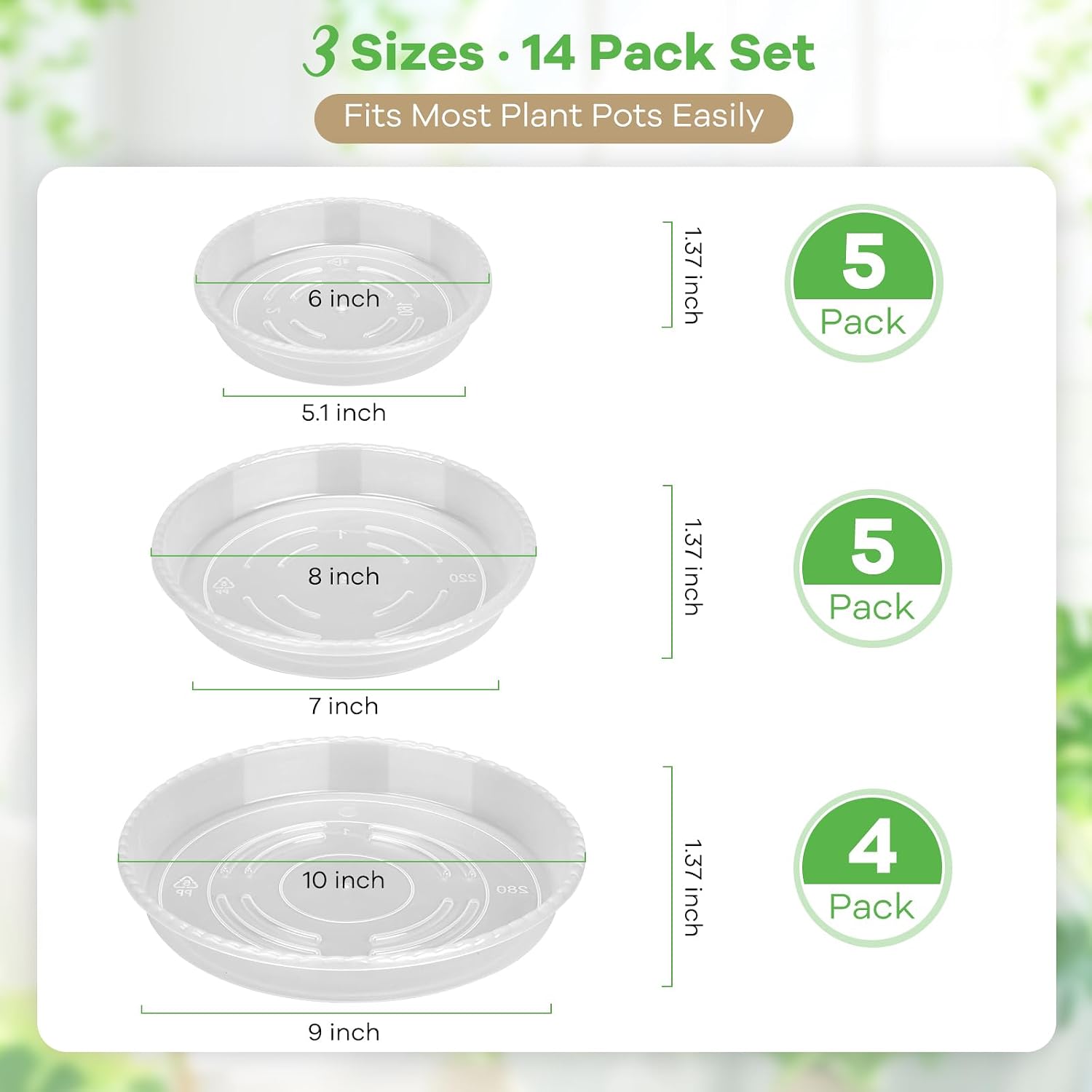14 Pack Clear Plant Saucers for Indoors(6/8/10 Inch) – Extra Thick & Deep Plastic Plant Trays for Pots, Heavy Duty Indoor Outdoor Drip Trays, Stackable Water Catcher for Houseplants, Garden & Balcony - view 3