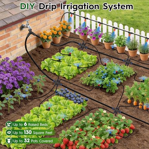 160FT Quick-Connect Drip Irrigation System 30FT 2/5" & 130FT 1/4" Tubing, Drip Irrigation Kit with Adjustable Nozzles, Automatic Garden Watering System - view 4