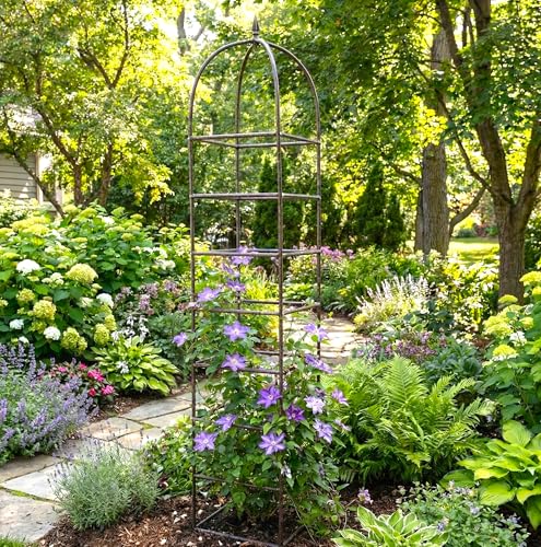 8.5 Foot Iron Garden Obelisk Trellis | Heavy-Duty Ornamental Metal Landscape Hardscape for Climbing Plants | Large Handcrafted Vertical Yard Art - Model GAR470L - view 2