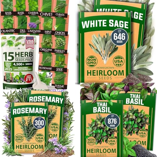 4-Pack Herb Seeds Bundle – 15 Culinary Herbs (4,500+), White Sage (646), Rosemary (300), Thai Basil (876) – Non-GMO, USA Heirloom Indoor Outdoor Garden Kit for Growing Fresh Herbs