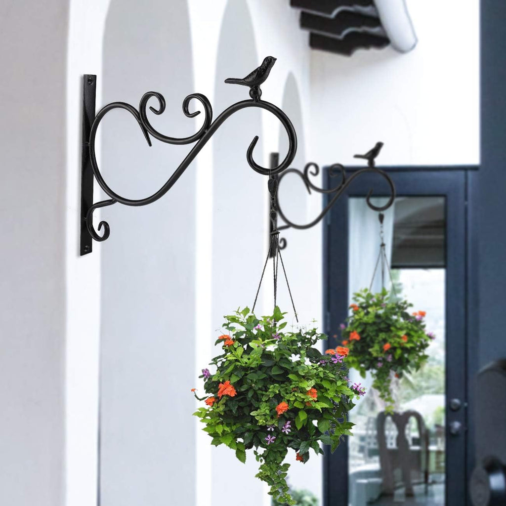 2 Pack Wall Hanging Plant Bracket | 12" Retro Iron Metal Wall Décor Shepards Hook Lantern Wall Hanger for Hanging Plants Outdoor, Bird Feeders, Bird 01 - Black - view 5