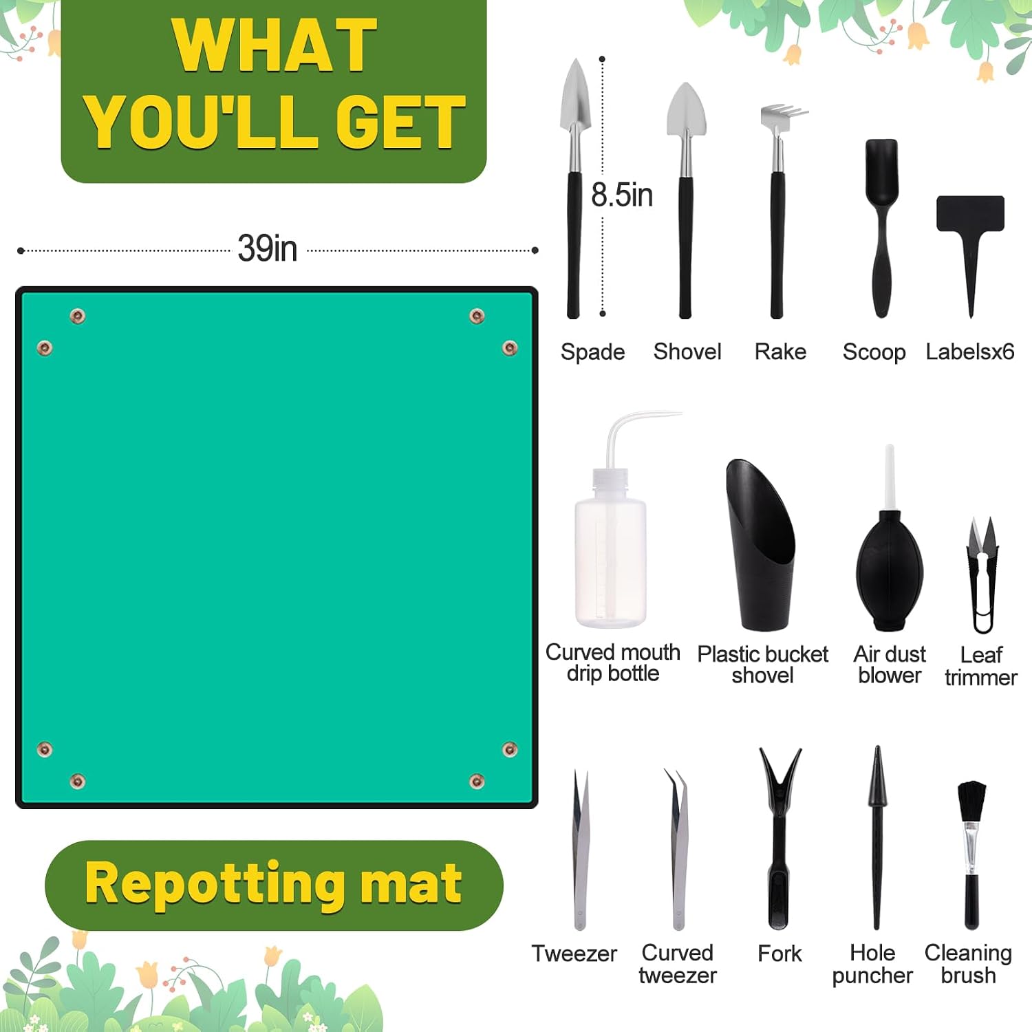 20pcs small gardening tools gifts for women beginners - garden hand tools set for indoor succulent bonsai plants transplanting, included 39.4" plant repotting mat/miniature shovel/labels, green - view 5
