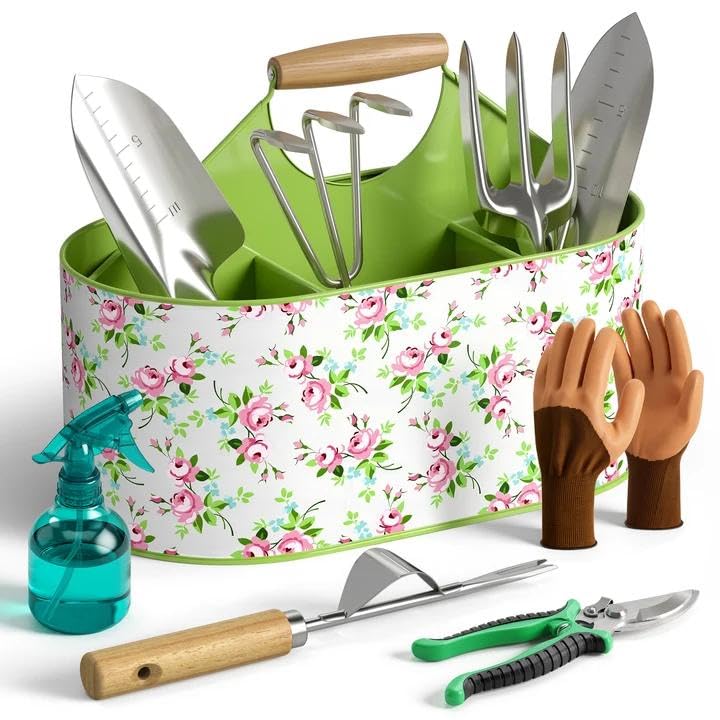 9-Piece Garden Tool Set with Stainless Steel Tools & Metal Basket