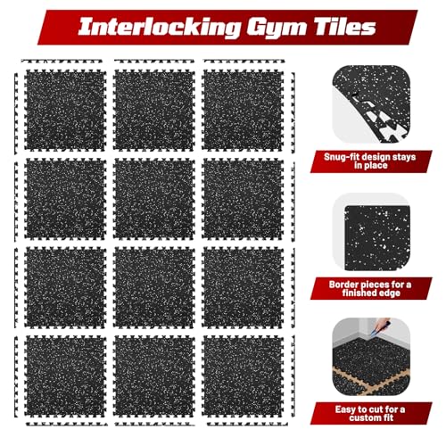 Interlocking Exercise Equipment Mats, 0.56" Thick 12 Tiles (48 Sq Ft) - Rubber Top Gym Flooring with High Density EVA Foam, Heavy Weight Workout Mats for Home GymFloor Protection,Black/White - view 2