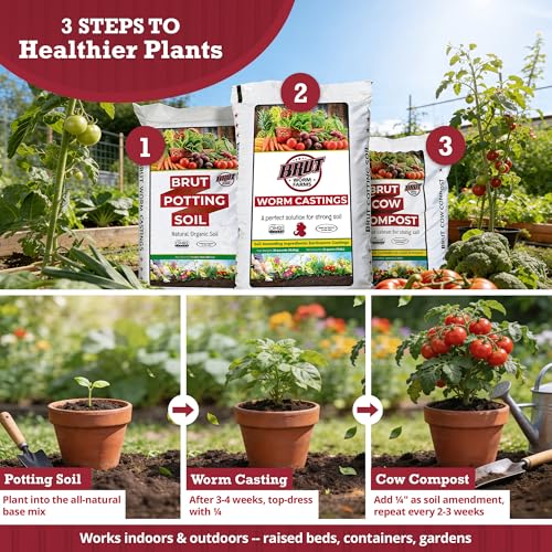 Brut Farms Organic Starter Pack Trio – All-Natural Potting Soil, Nutrient-Rich Worm Castings & Additive-Free Cow Manure Compost – Safe for Indoor and Outdoor Plants - Gardening for Beginner - view 4