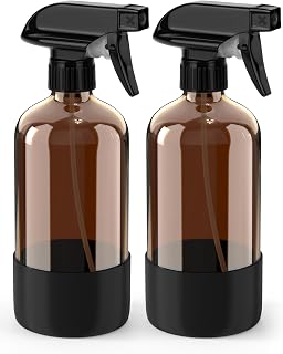 Bontip Glass Spray Bottle with Silicone Sleeve Protection, Amber Glass Spray Bottle Set for Window Cleaner Aromatherapy Facial Hydration Watering Flowers Hair Care 2 Pack/16 oz (Black)