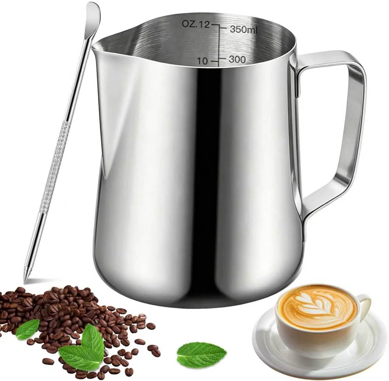 Milk Frothing Pitcher, 600ml (20oz) Milk Frother Cup Stainless Steel Jug Steaming Pitcher, Milk Coffee Cappuccino Latte Art Barista Steam Pitchers Milk Jug Cup with Decorating Pen - view 8