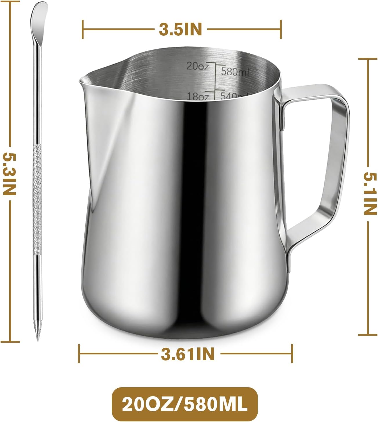 Milk Frothing Pitcher, 600ml (20oz) Milk Frother Cup Stainless Steel Jug Steaming Pitcher, Milk Coffee Cappuccino Latte Art Barista Steam Pitchers Milk Jug Cup with Decorating Pen - view 3