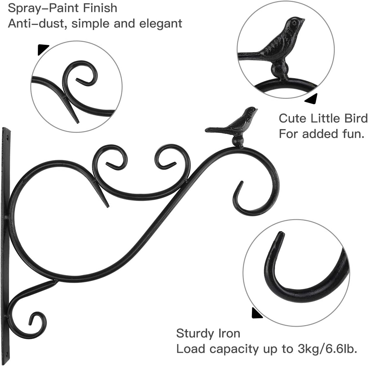 2 Pack Wall Hanging Plant Bracket | 12" Retro Iron Metal Wall Décor Shepards Hook Lantern Wall Hanger for Hanging Plants Outdoor, Bird Feeders, Bird 01 - Black - view 2