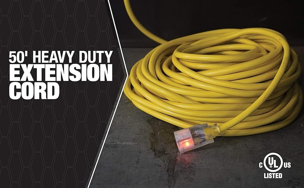 Outdoor Extension Cord – Durable Vinyl Jacket for For Farm, Ranch & Workshop - Lighted End With Reinforced Blades - SJTW, Yellow - 12 Gauge, 3 Prong - 50 Feet - view 3