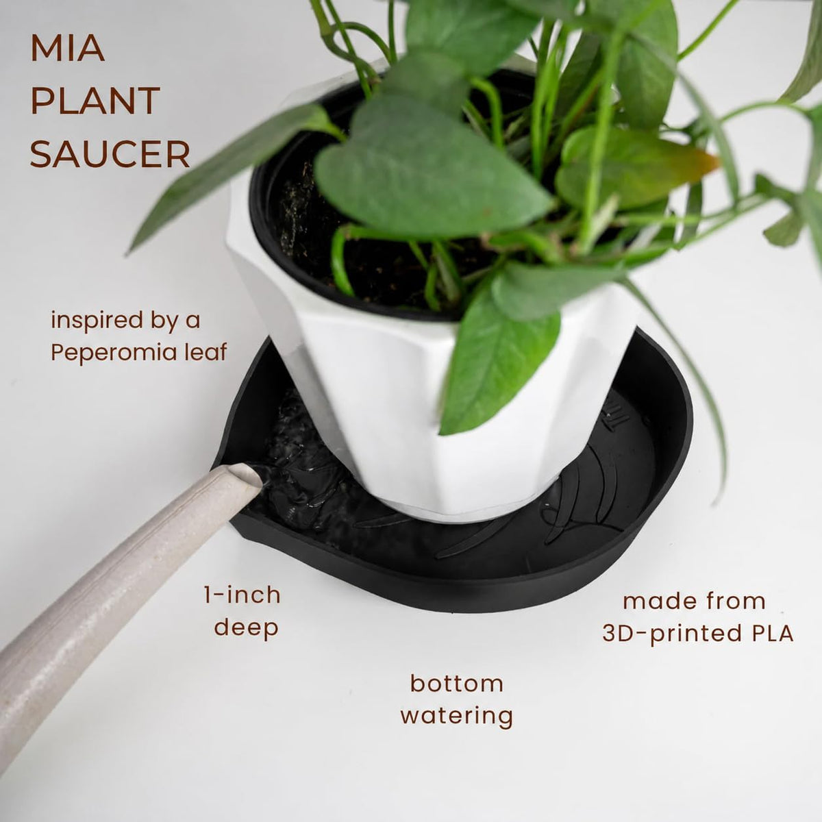 Mia Bottom Watering Plant Saucer – 10 inches Self-Watering Plant Tray for Indoor Plants, Leaf-Shaped Pot Saucer with Water Reservoir for Healthy Root Growth - Black - view 2