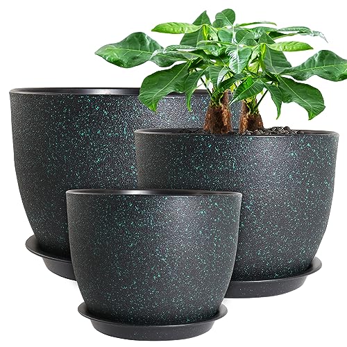 12/10/9 Large Modern Plant Pots, Plastic Planters with Drainage Holes and Saucers for Indoor Outdoor Plants Flowers, Black with Green Speckles
