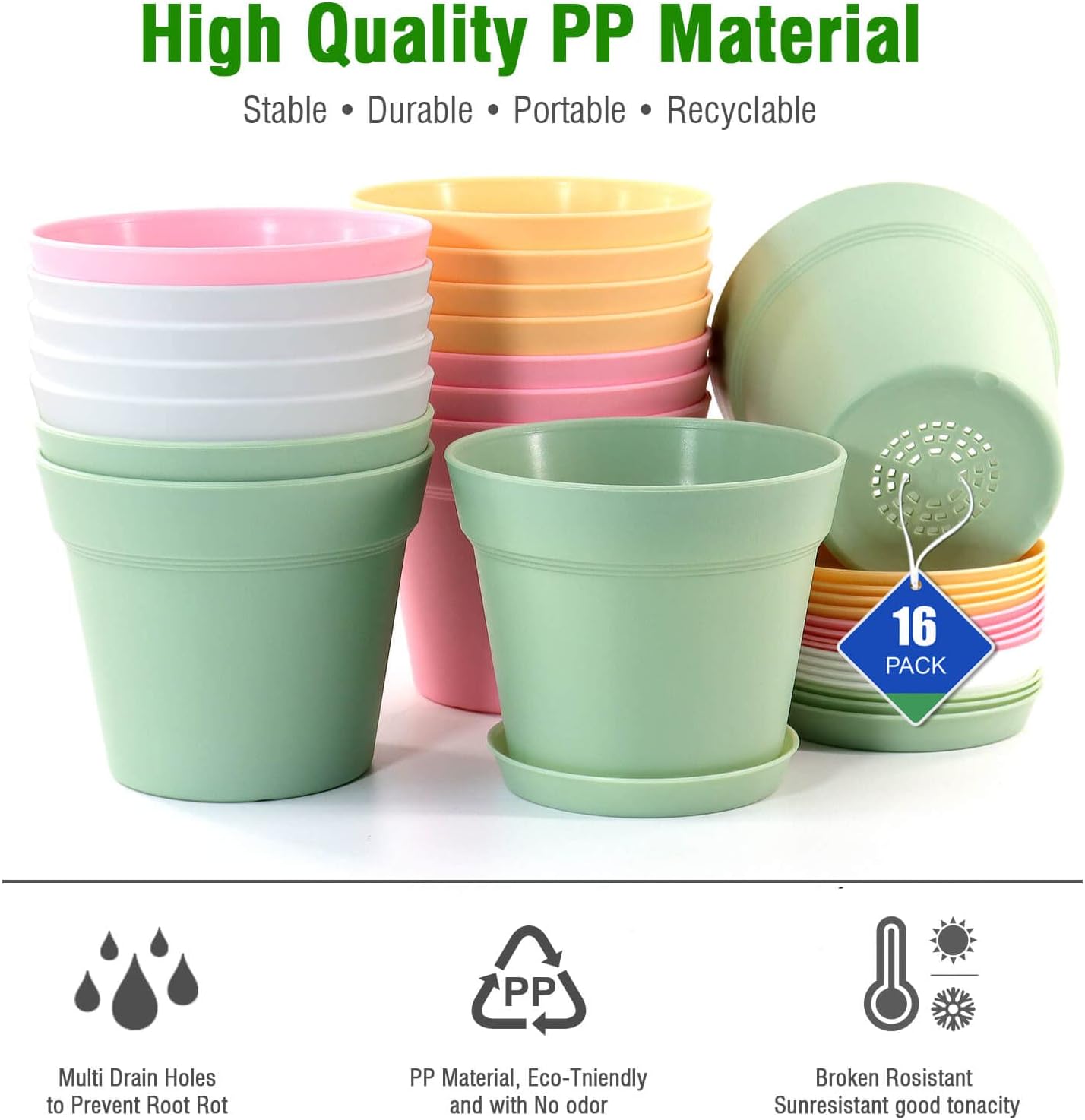 16 Pack 6 inch Plastic Planters, Indoor Flower Pots, Heavy Duty and Stylish 6 Inch Plant Pots for Indoor Plants with Drainage Holes and Tray for Plants, Flowers, Colorful - view 5