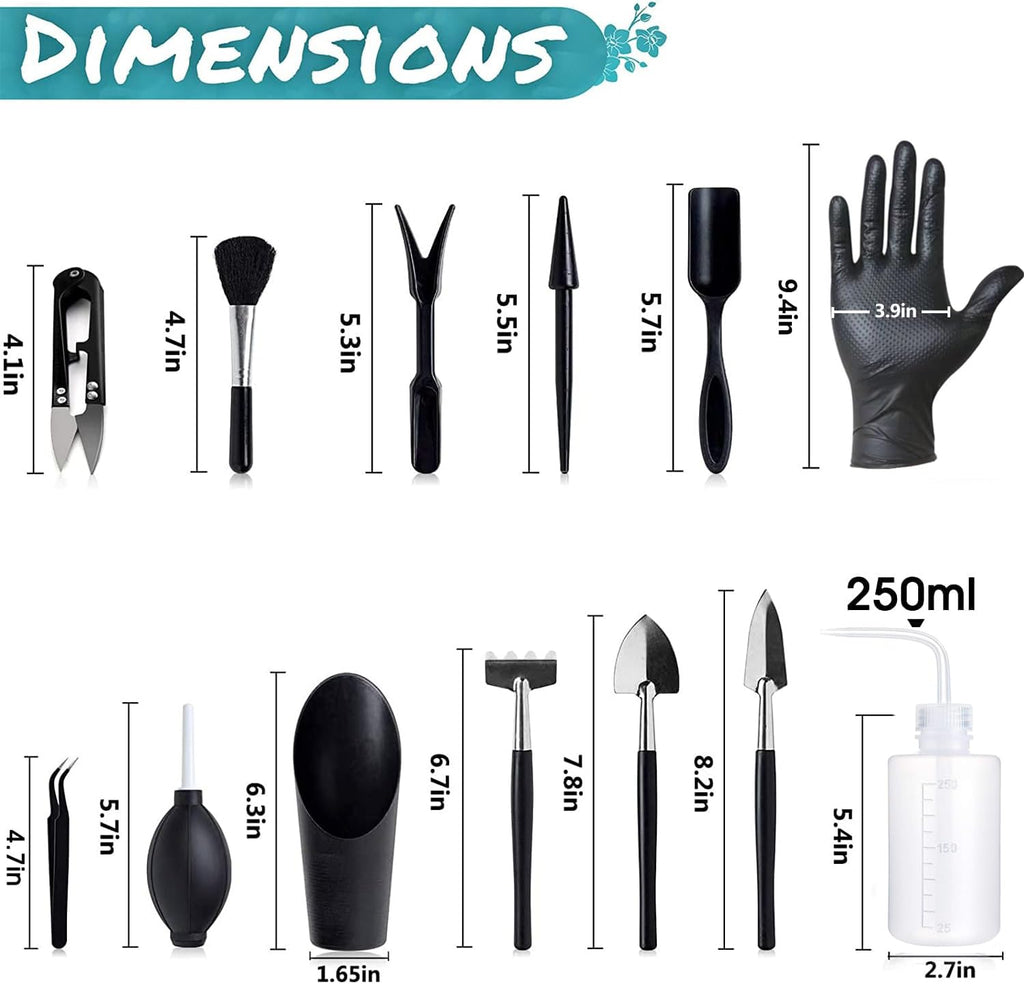 25Pcs Mini Garden Hand Transplanting Succulent Tools Set, 39.4" Thickened Repotting Mat & Plant Tag, Miniature Planting Indoor Fairy Care, Potting, Cactus, Houseplant Bonsai Tool Kit (Black) - view 6