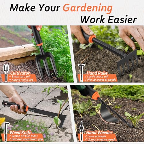 Garden Tools Set, 11 Pcs Gardening Supplies Hand Tool Kit for Women Men Gardeners, Include Tote Bag, Reportting Mat, Transplant Trowel, Rake, Pruner for Outdoors - view 4