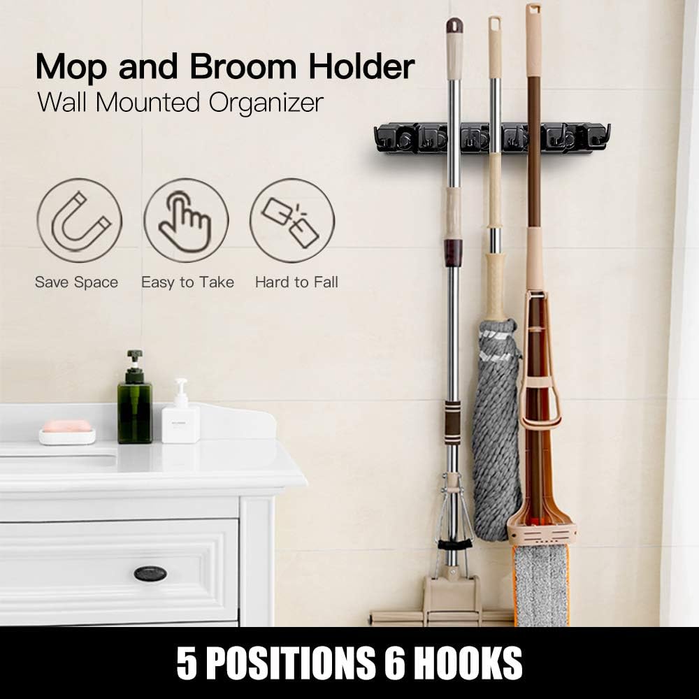 Mop and Broom Holder, Wall Mount Organizer Storage Tool Rack | Broom and Mop Organizer Wall Hanging for Garage, Laundry Room, Garden, Utility, 5 Ball Slots and 6 Hooks(Black) - view 3