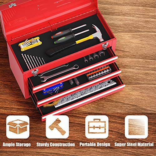 21-inche Tool Box, Portable 3 Drawer Steel Toolbox with Top Storage Tray & Carrying Handle, Double Latch System, Tool Storage Chest Hand Carry Tool Cases for Garage Trunk Household, Red - view 5