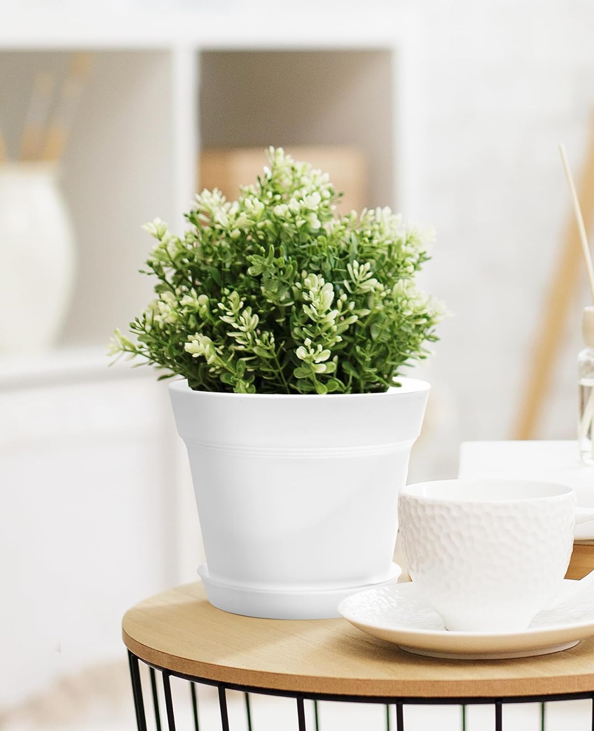 6 Inch Plastic Plant Pots with Drainage Holes and Trays (15 Pcs) | Cream white finish suits orchids, succulents, herbs and houseplants for windowsills, balconies, shelves, kitchens or offices. - view 4