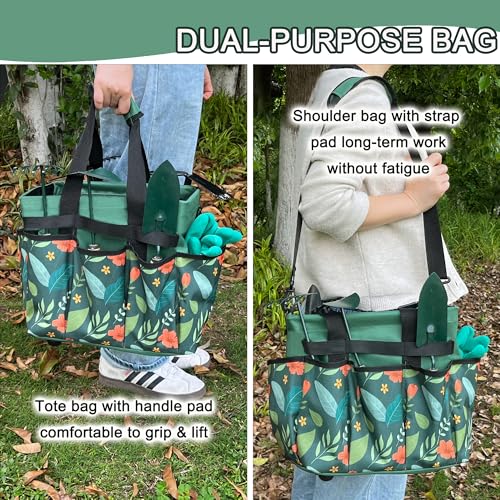 Standable Garden Tool Bag for Women, Oxford Multi-Pocket Gardening Tote with Hard Bottom & Adjustable Shoulder Strap - view 6