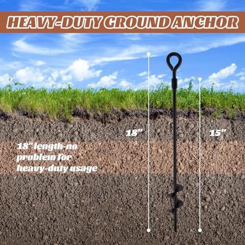 MIXXIDEA18 Inch Ground Anchors Screw in Folding Ring Spiral Metal Ground Stakes Dog Tie Out Stake Spiraling Anchor Trampoline Anchors for Tent (black-4pk) - view 3