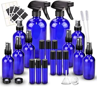 Loretoy Glass Spray Bottle Kit×10 (2×16 oz, 2×4 oz, 6×2 oz), 9×10 ml Roller Bottles, Anti UV, Multi Size and Versatile, Suitable for Aromatherapy, Facial Moisturizing, Watering, etc.(Blue