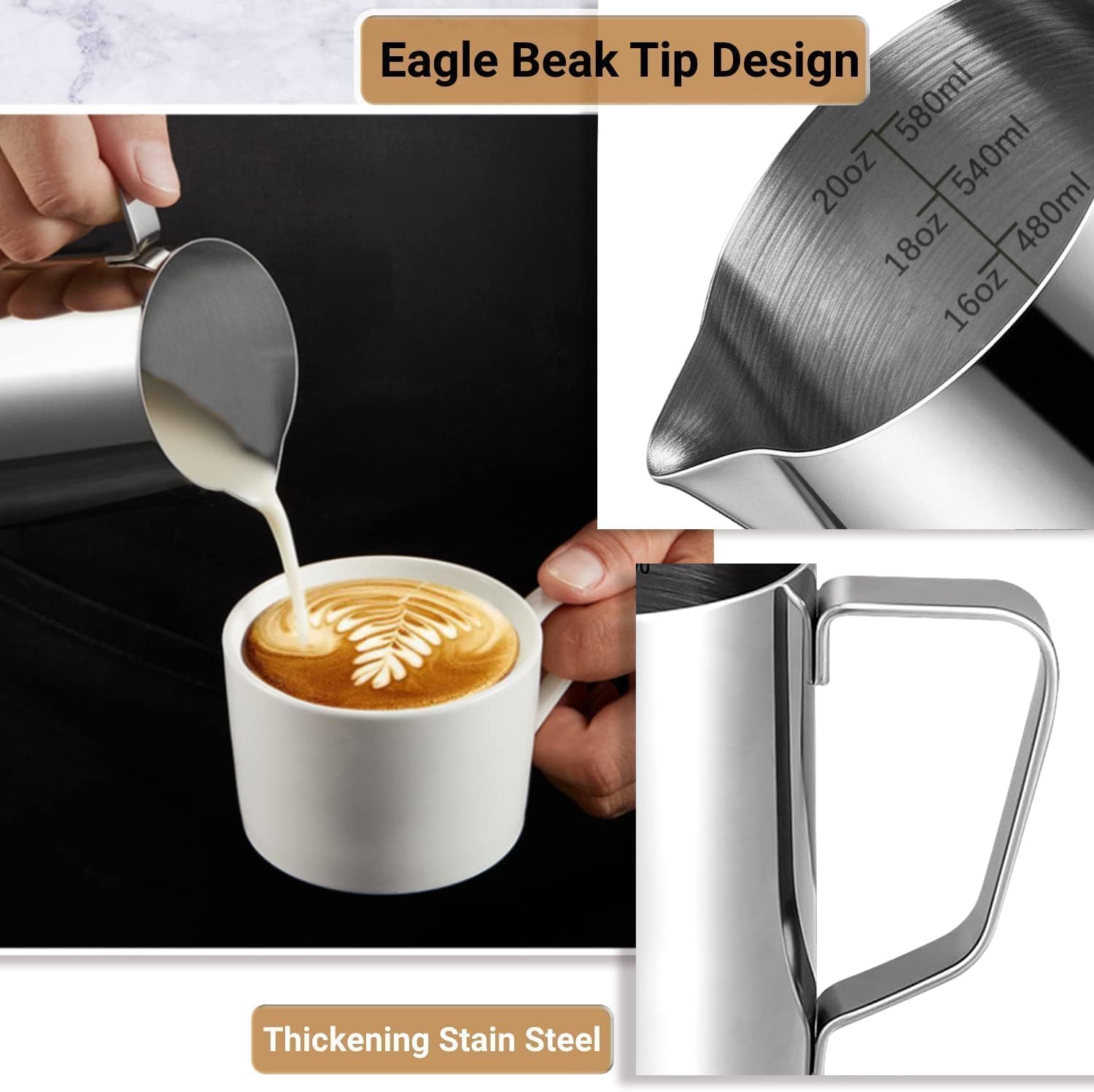 Milk Frothing Pitcher, 600ml (20oz) Milk Frother Cup Stainless Steel Jug Steaming Pitcher, Milk Coffee Cappuccino Latte Art Barista Steam Pitchers Milk Jug Cup with Decorating Pen - view 4