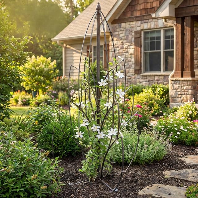 Lotus Bud Iron Obelisk Trellis for Climbing Plants, 69” Heavy Duty Garden Support with Ground Stakes, Outdoor Yard Art for Roses, Clematis, Patio & Courtyard - view 2