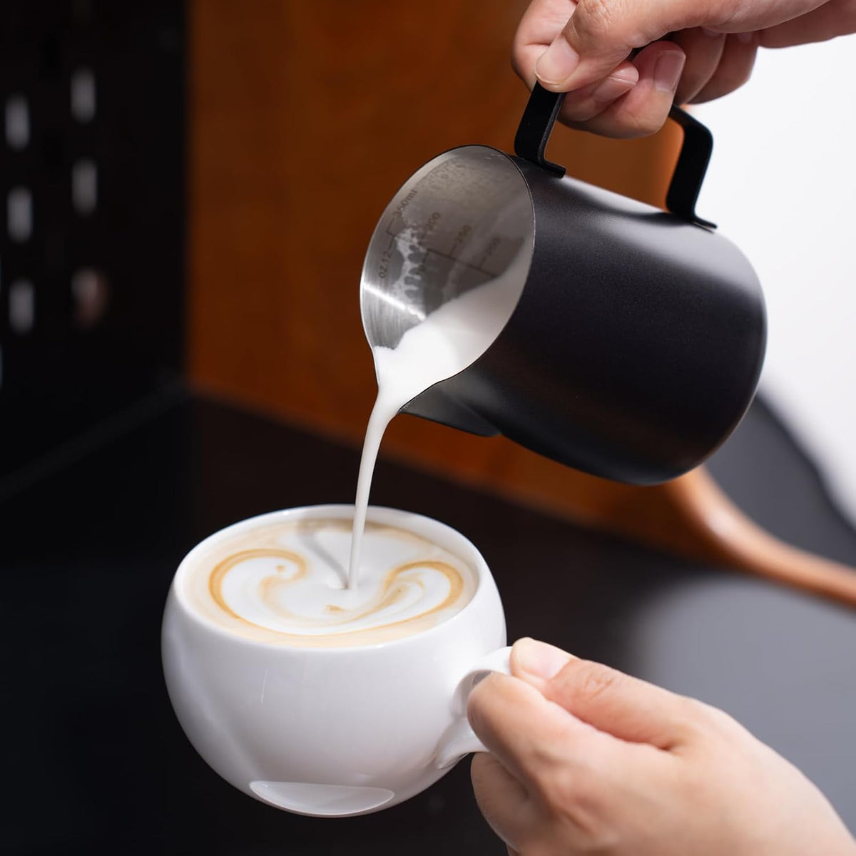 2 Pack Matte Black Milk Frothing Pitcher, 12oz/350ml & 20oz/600ml Espresso Steaming Pitcher, Stainless Steel Milk Frother Steamer Cup, Perfect for Espresso Coffee Cappuccino Latte Art - view 8