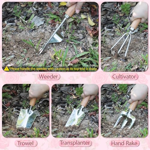 Garden Tools Set, 10-Piece Heavy Duty Garden Hand Tools Kit with Wooden Handle, Durable Organizer Bag for Garden Supplies, Gardening Gifts for Women Grandmother, Pink Floral Pattern - view 5