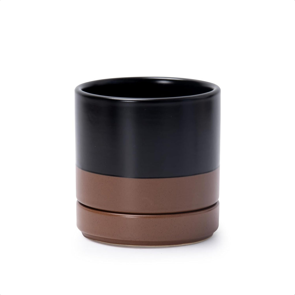 4.7 Inch Ceramic Planter Pot, Black/Tan, 94-O-B-7 | Modern Cylinder Design, Drainage Hole & Saucer Included, Stable Structure, Elegant Home Accent