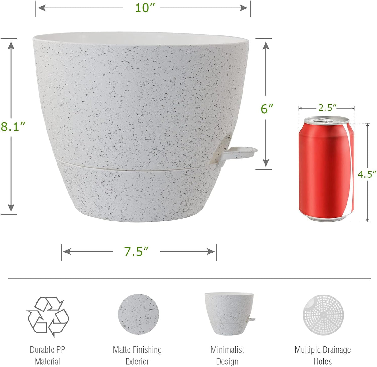 10 inch Self Watering Planters, 2 Pack Large Plastic Plant Pots with Deep Reservior and High Drainage Holes for Indoor Outdoor Plants and Flowers, Speckled White - view 7