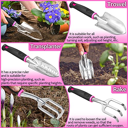 Pink Garden Tools, Gardening Gifts for Women, with 2 in 1 Detachable Storage Bag, Trowel, Transplanter, Rake, Weeder, Cultivator, Purning Shears and 3 Additional Protection Tools - view 3