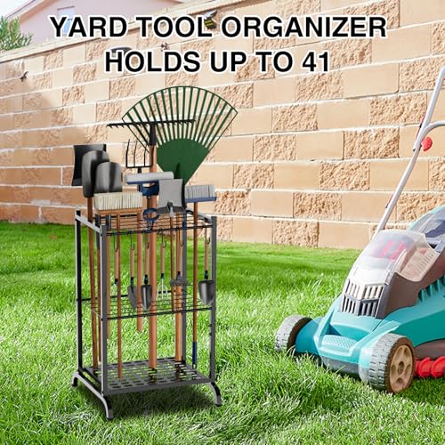 Garden Tool Organizer with Storage Hooks, Yard Tool Tower Rack for Garage Organization and Storage, Up to 35 Long-Handled Tools, Metal Tool Holder with 6 Hooks, Black - view 7
