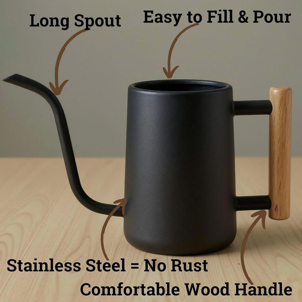 Metal small indoor watering can with long spout & real wood handle, 35oz | long spout, stainless steel, real wood handle, gentle flow, no spills, suitable for house plants, succulents & seedlings - view 2